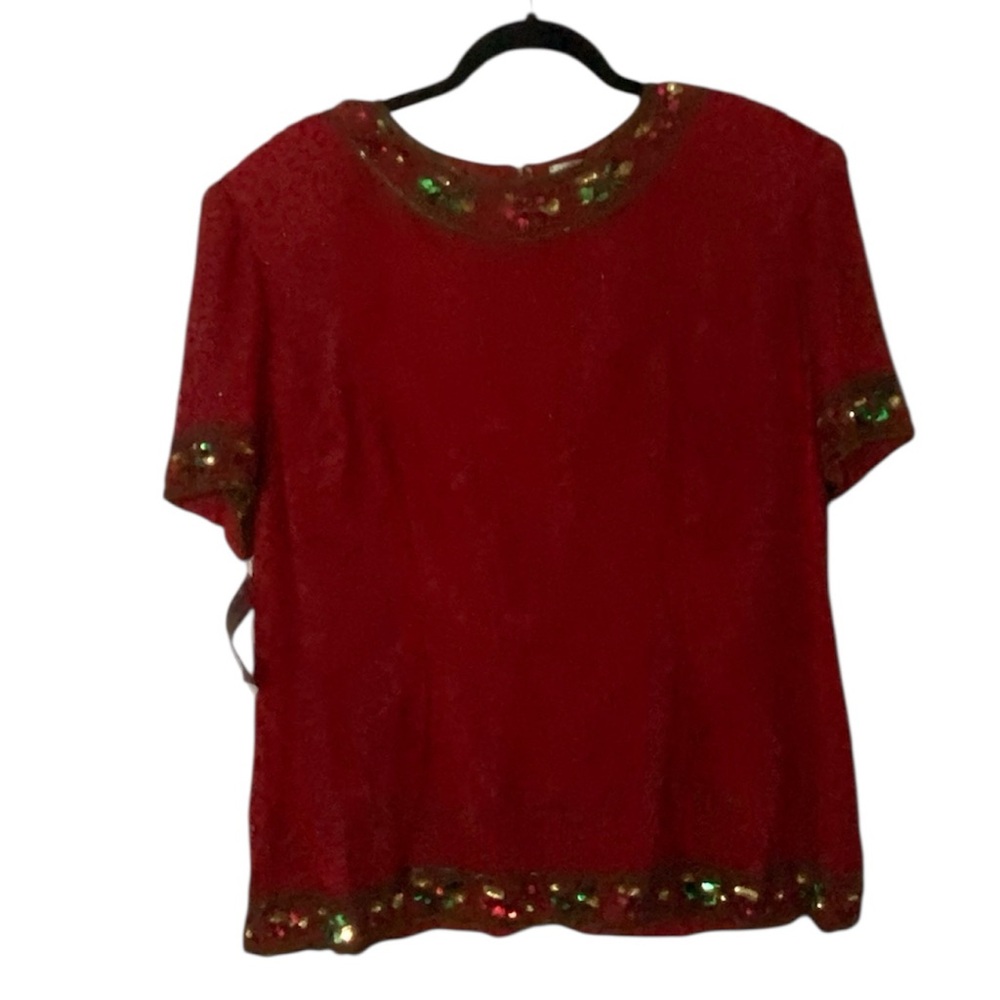 Adrianna Papell Red Sequin Silk Blouse 2X